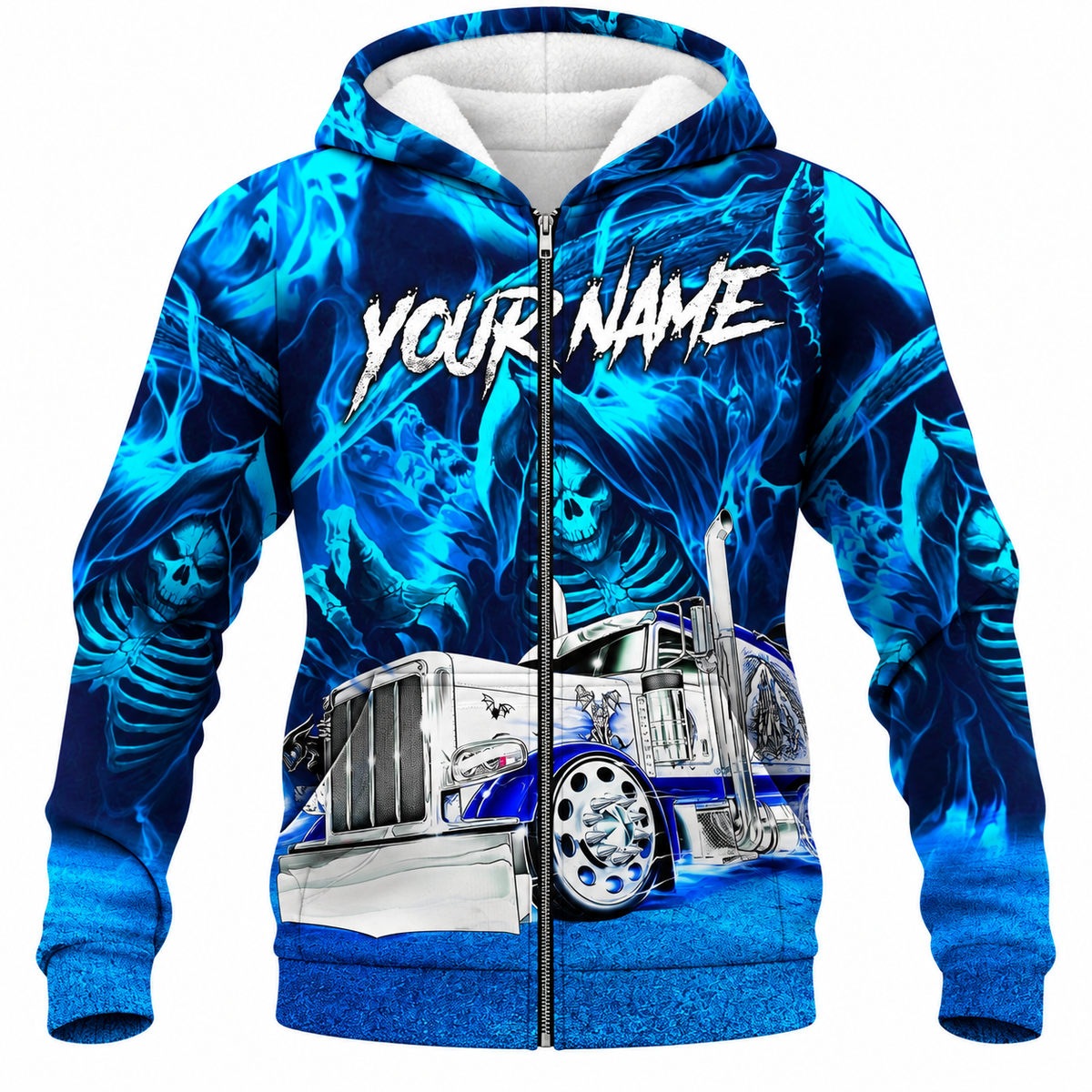 Personalized Trucker Hoodie & T-Shirt - Blue Grim Reaper Semi Truck – Fleece Zip Hoodie, front view