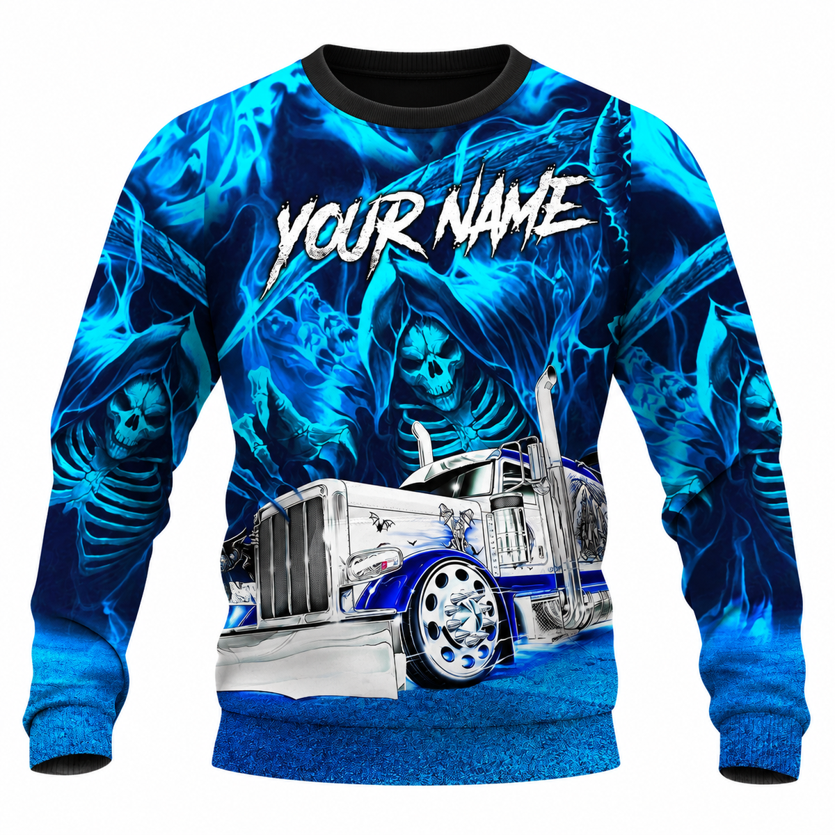 Personalized Trucker Hoodie & T-Shirt - Blue Grim Reaper Semi Truck – Sweatshirt, front view
