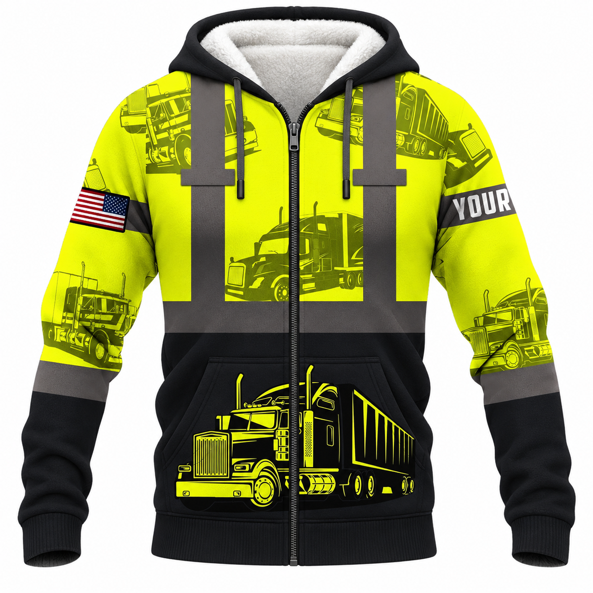 Personalized Trucker Hoodie & T-Shirt - Yellow Black Semi Truck Panels – Fleece Zip Hoodie, front view