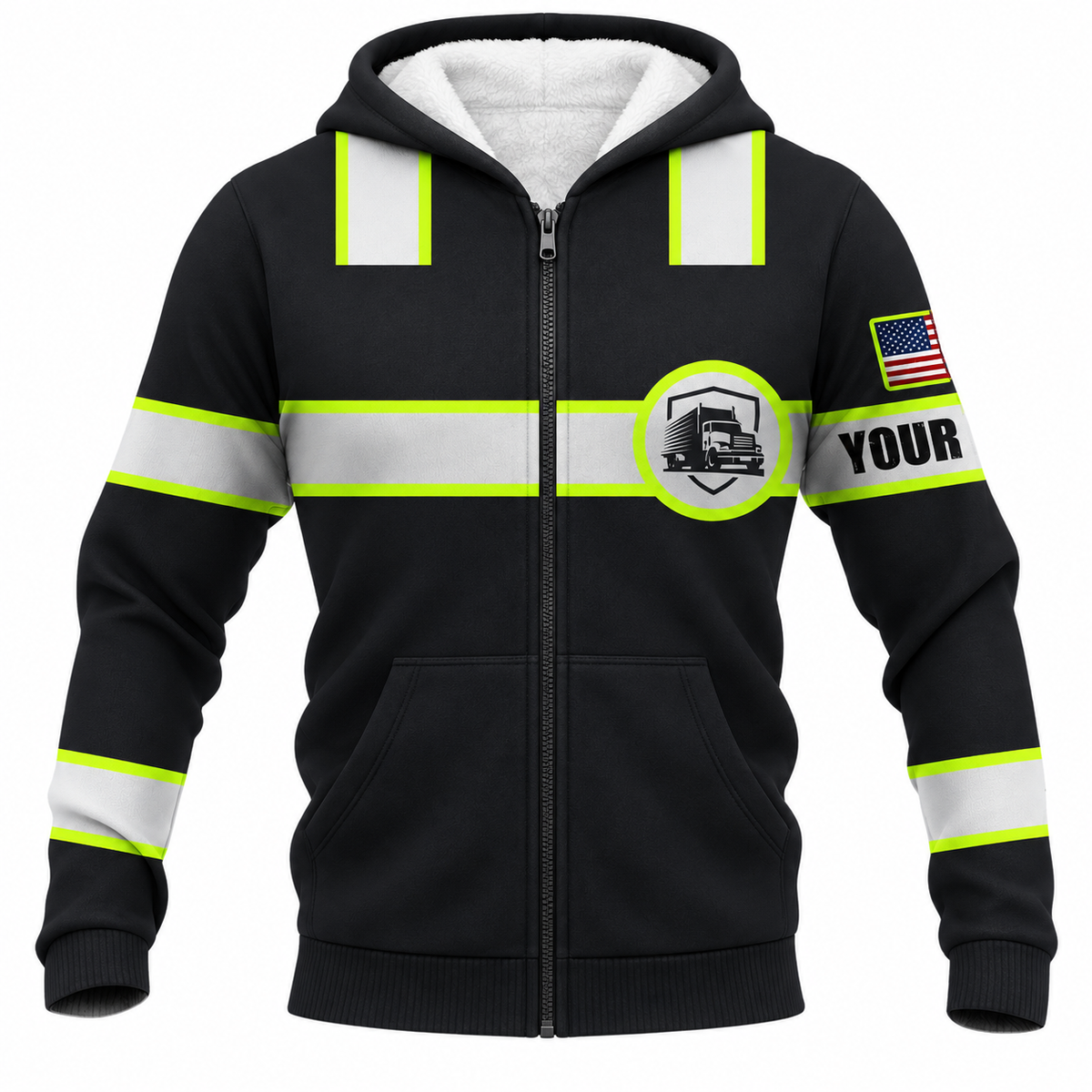 Personalized Trucker Hoodie & T-Shirt - Black Yellow Stripe Trucker Badge – Fleece Zip Hoodie, front view