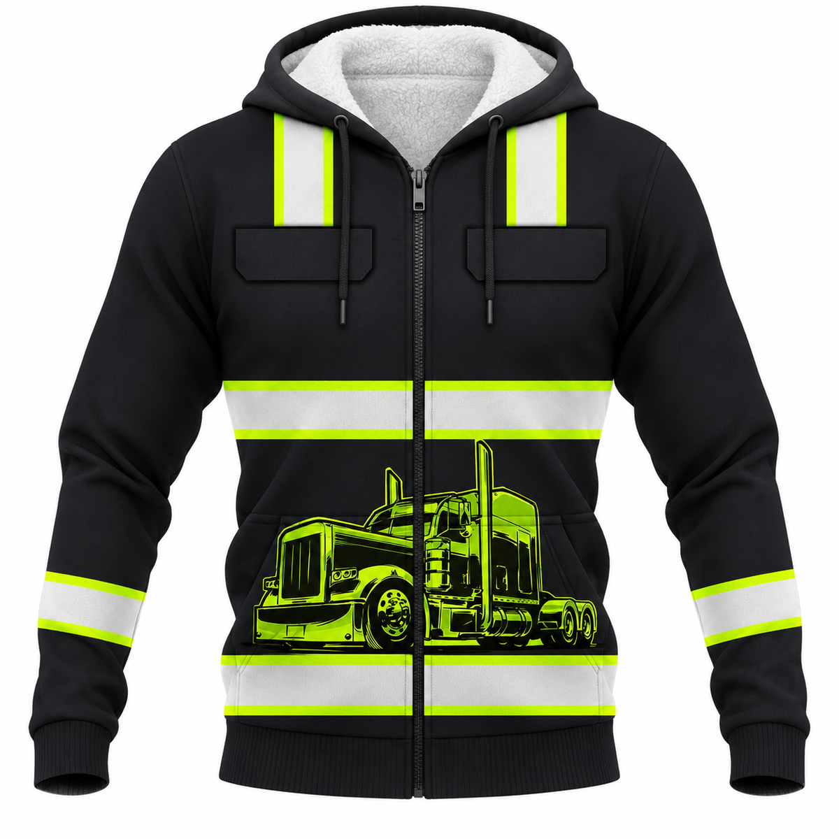 Personalized Trucker Hoodie & T-Shirt - Black Yellow Stripe Semi Truck – Fleece Zip Hoodie, front view