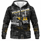 Personalized Trucker Hoodie & T-Shirt - Black Grey Semi Truck Illustration – Fleece Zip Hoodie, front view