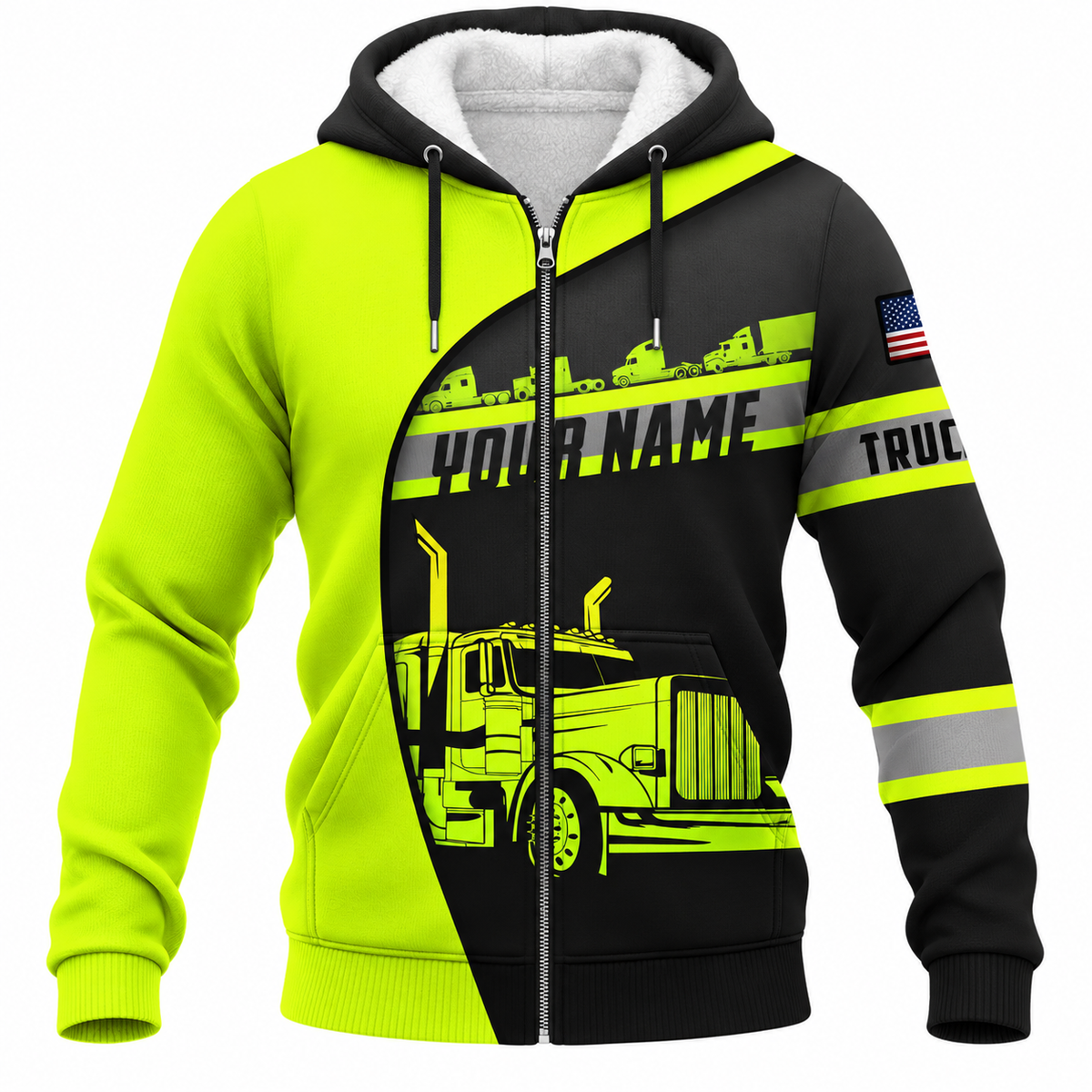 Personalized Trucker Hoodie & T-Shirt - Neon Yellow Black Diagonal Semi Truck – Fleece Zip Hoodie, front view