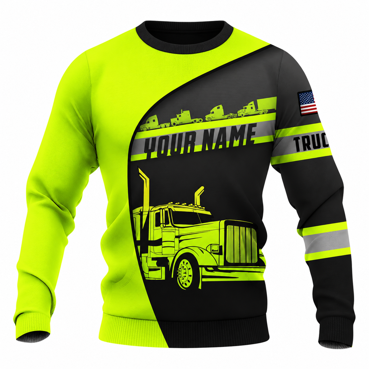 Personalized Trucker Hoodie & T-Shirt - Neon Yellow Black Diagonal Semi Truck – Sweatshirt, front view
