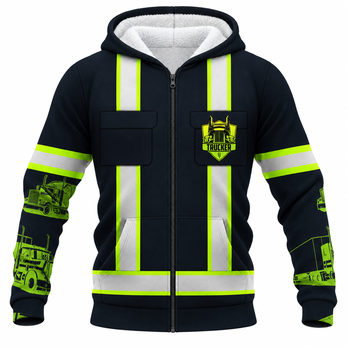 Personalized Trucker Hoodie & T-Shirt - Black Vest Print Yellow Sleeves – Fleece Zip Hoodie, front view