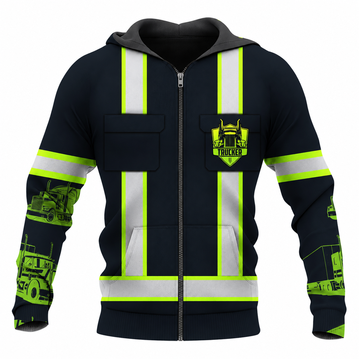 Personalized Trucker Hoodie & T-Shirt - Black Vest Print Yellow Sleeves – Zip Hoodie, front view