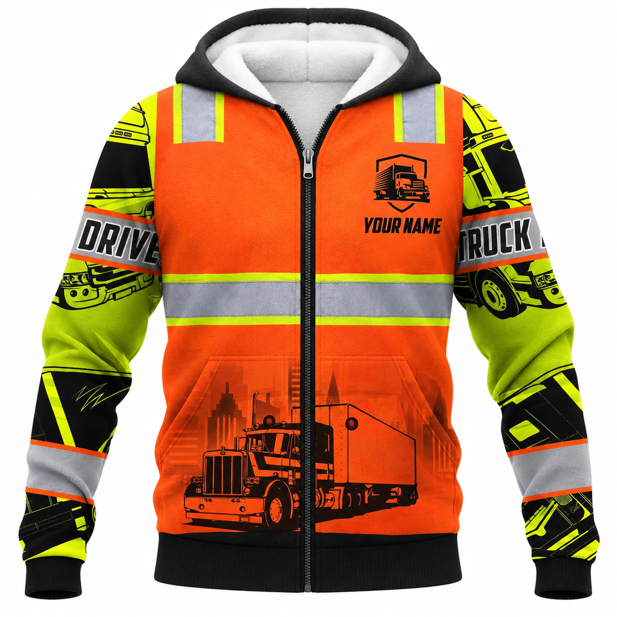 Personalized Trucker Hoodie & T-Shirt - Orange Vest Print Logging Truck – Fleece Zip Hoodie, front view