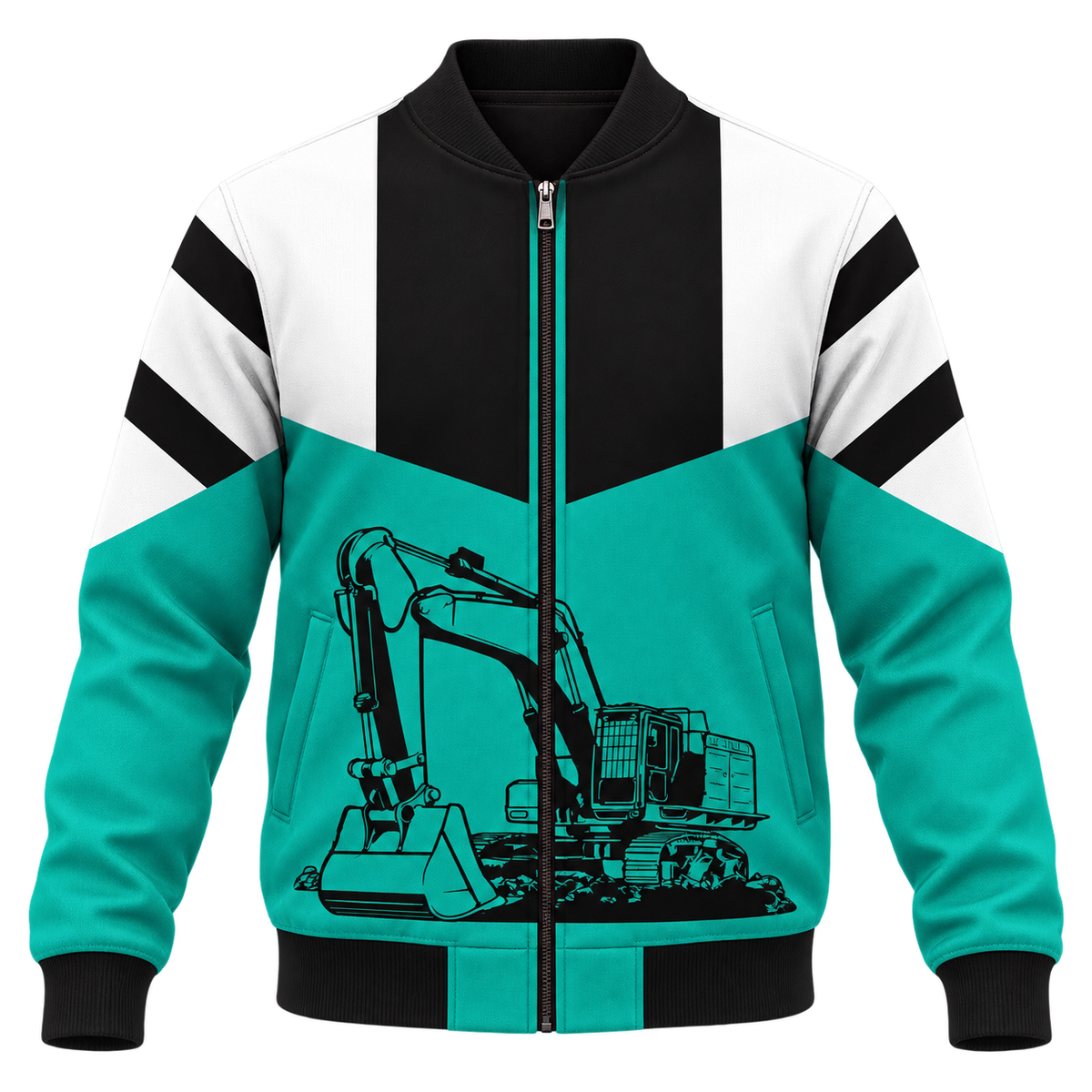 Personalized Excavator Operator Hoodie & T-Shirt - Teal Black Excavator – Bomber Jacket, front view