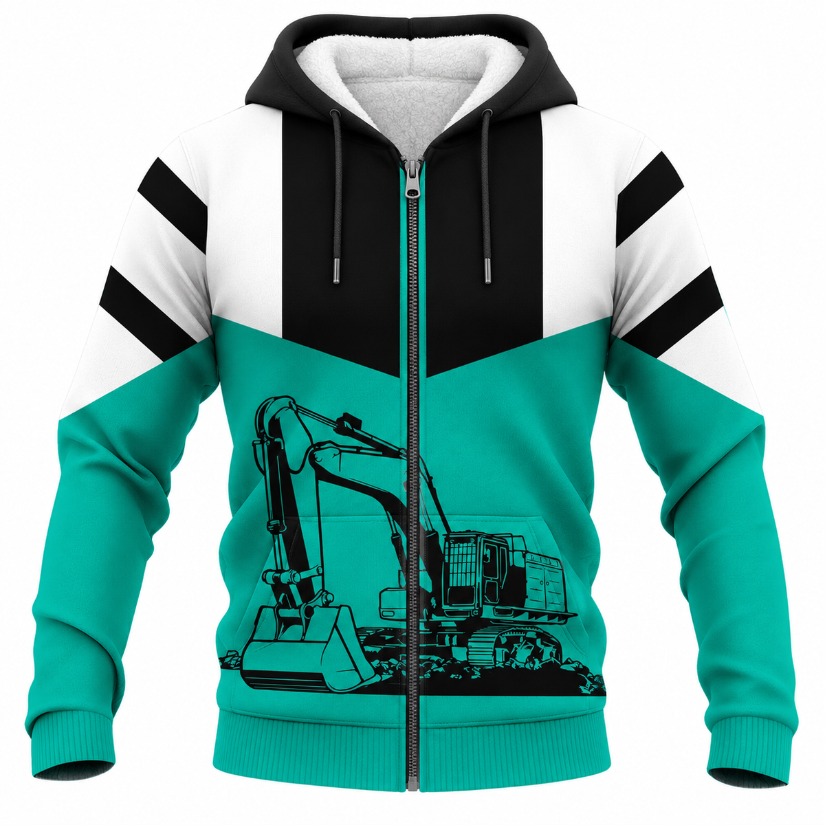Personalized Excavator Operator Hoodie & T-Shirt - Teal Black Excavator – Fleece Zip Hoodie, front view