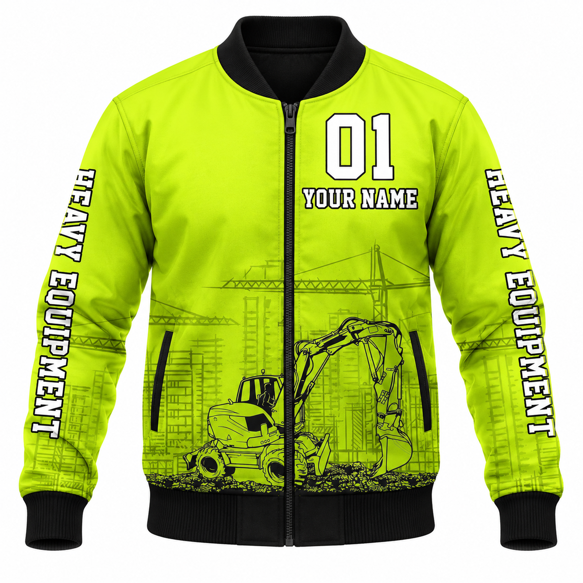 Personalized Excavator Operator Hoodie & T-Shirt - Yellow Number 01 Excavator – Bomber Jacket, front view