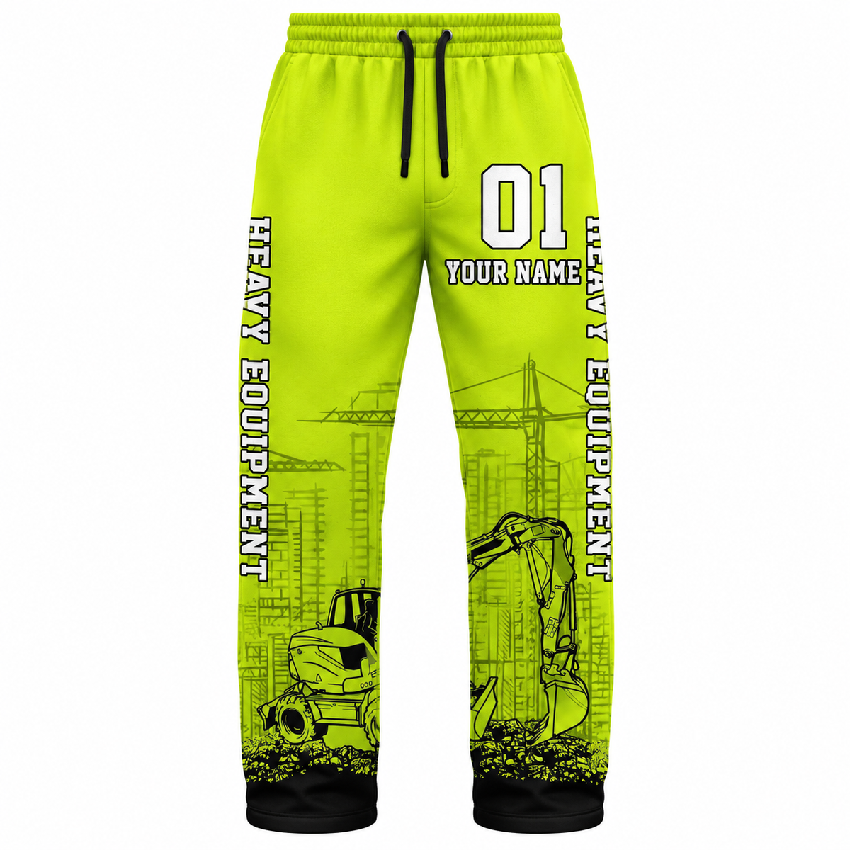 Personalized Excavator Operator Hoodie & T-Shirt - Yellow Number 01 Excavator – Long Pants, front view