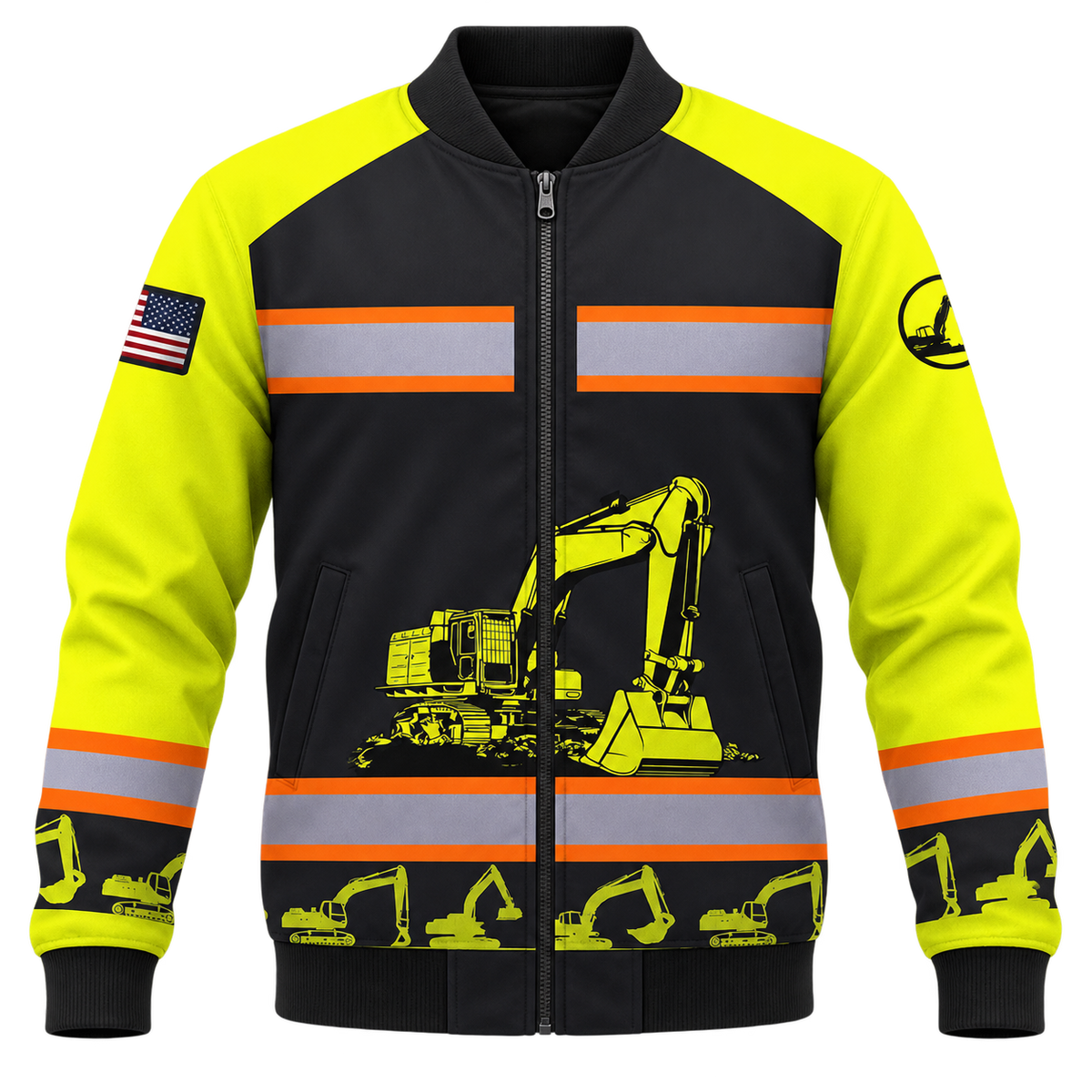 Personalized Excavator Operator Hoodie & T-Shirt - Yellow Excavator Stripe Print – Bomber Jacket, front view