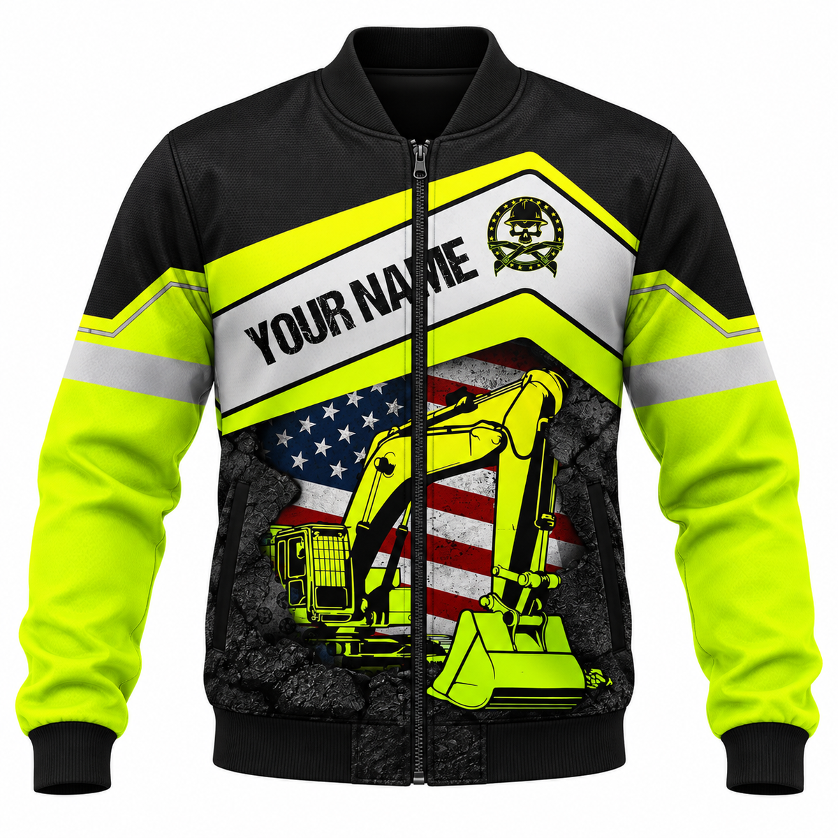 Personalized Excavator Operator Hoodie & T-Shirt - Excavator And American Flag – Bomber Jacket, front view