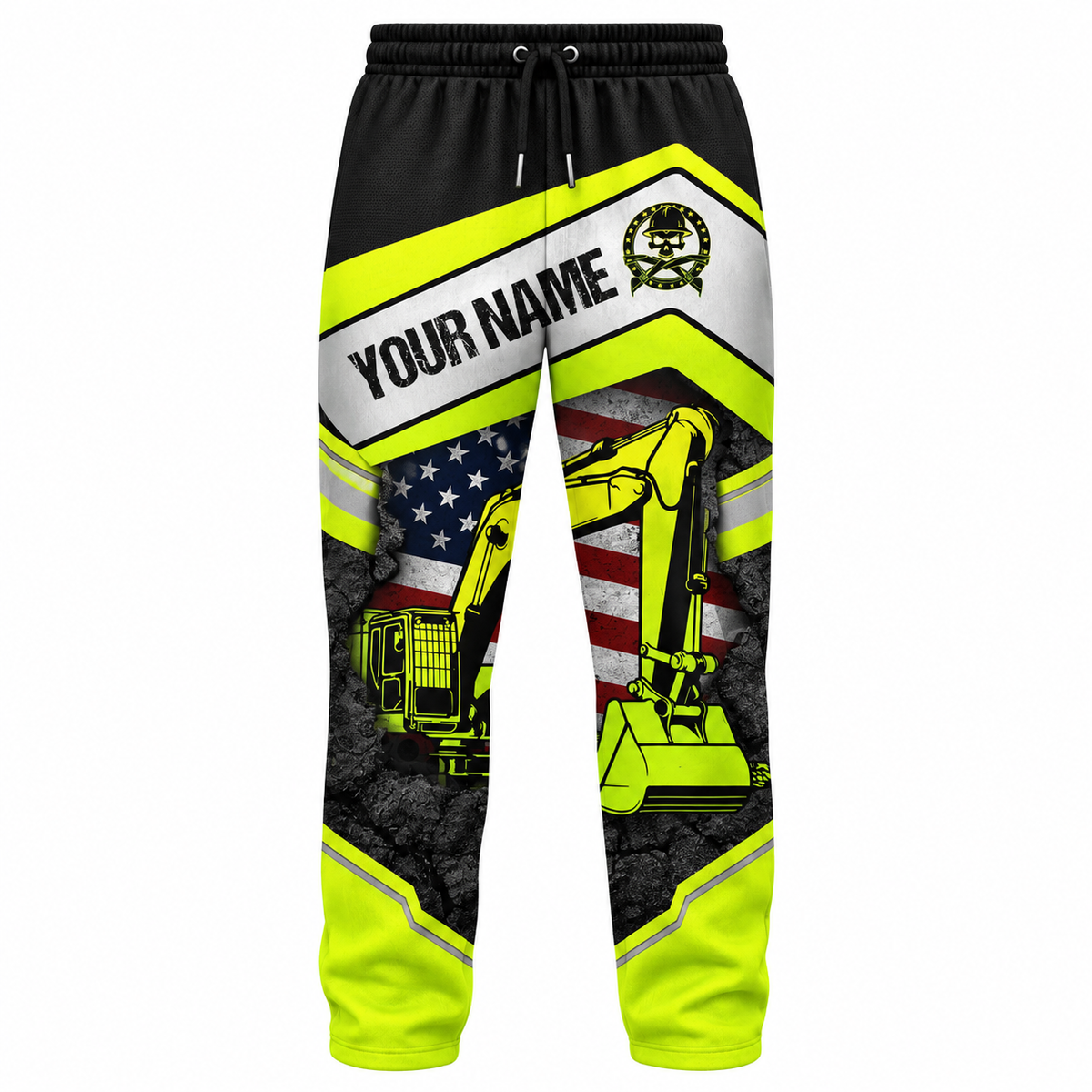 Personalized Excavator Operator Hoodie & T-Shirt - Excavator And American Flag – Long Pants, front view