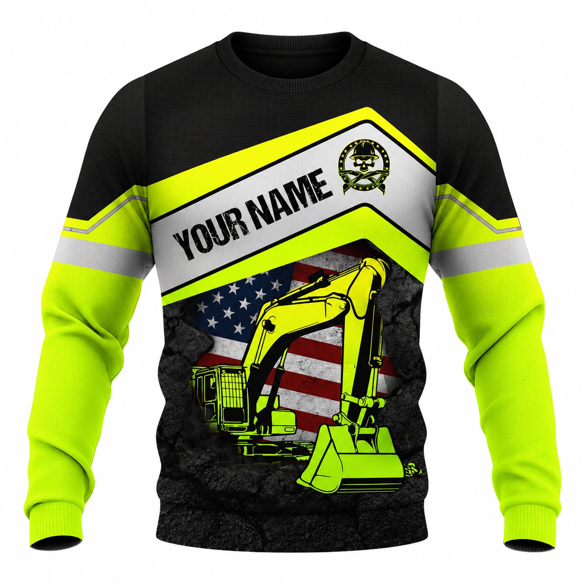 Personalized Excavator Operator Hoodie & T-Shirt - Excavator And American Flag – Sweatshirt, front view