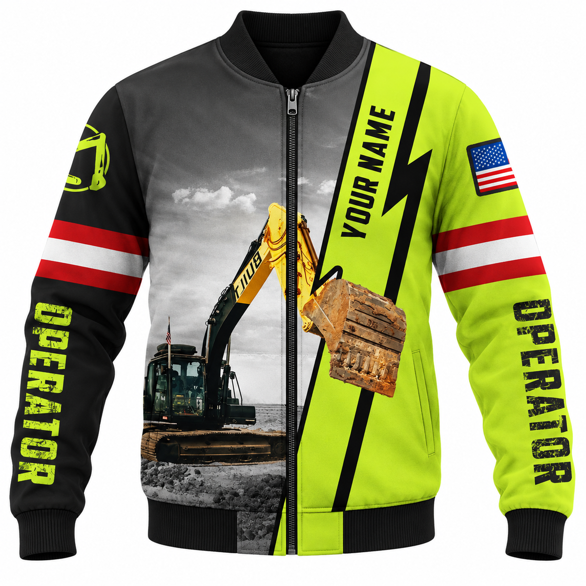 Personalized Excavator Operator Hoodie & T-Shirt - Excavator Photo And Name Stripe – Bomber Jacket, front view