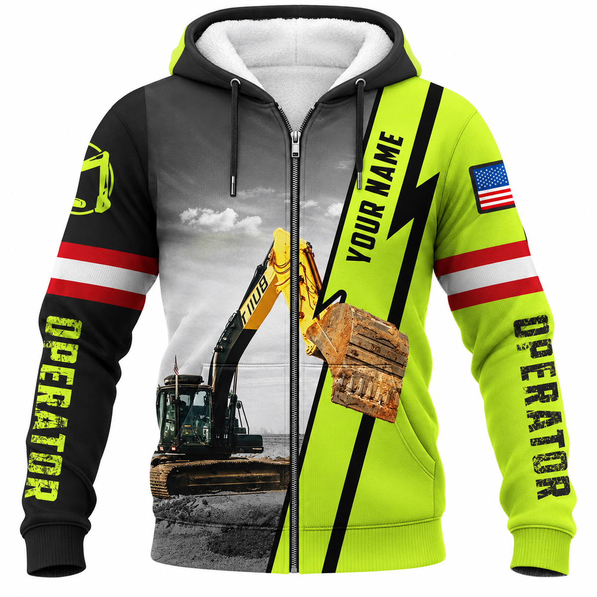 Personalized Excavator Operator Hoodie & T-Shirt - Excavator Photo And Name Stripe – Fleece Zip Hoodie, front view
