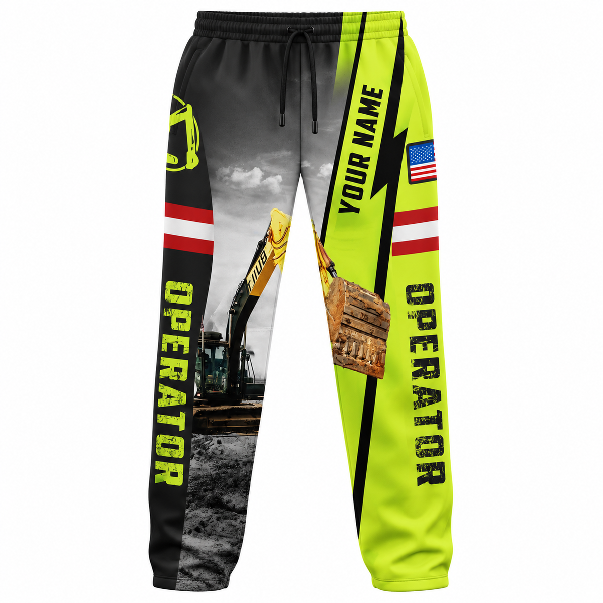Personalized Excavator Operator Hoodie & T-Shirt - Excavator Photo And Name Stripe – Long Pants, front view