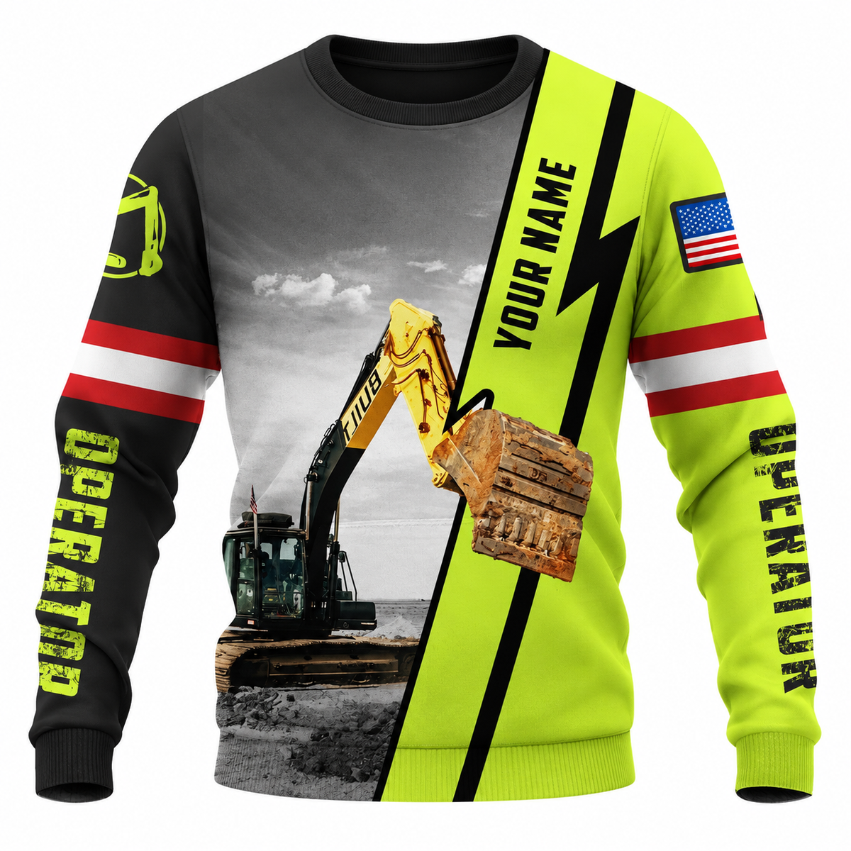 Personalized Excavator Operator Hoodie & T-Shirt - Excavator Photo And Name Stripe – Sweatshirt, front view