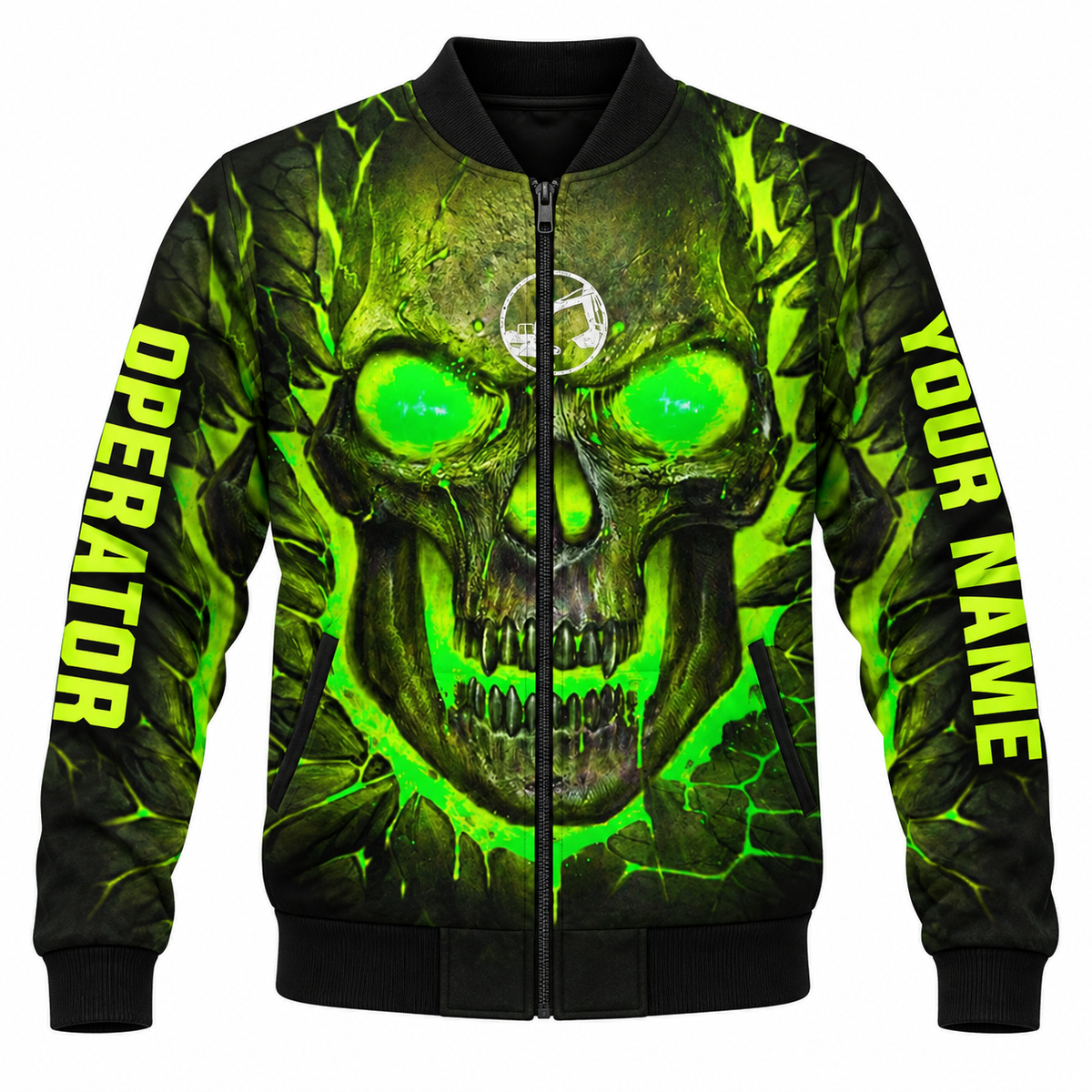 Personalized Excavator Operator Hoodie & T-Shirt - Green Skull Print – Bomber Jacket, front view