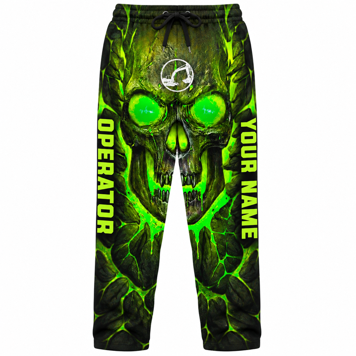 Personalized Excavator Operator Hoodie & T-Shirt - Green Skull Print – Long Pants, front view