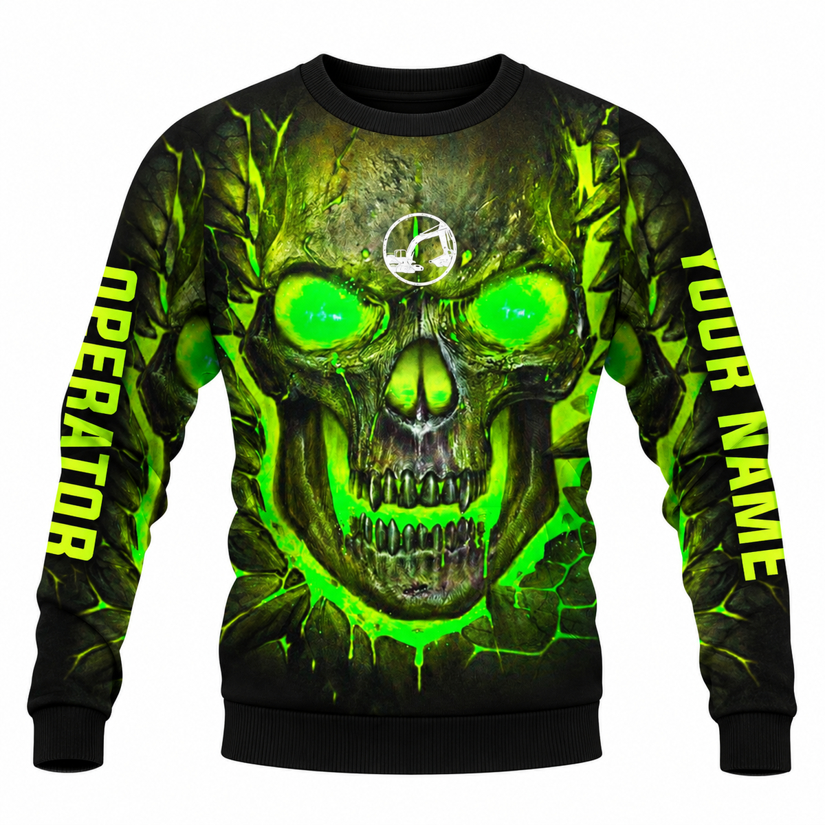 Personalized Excavator Operator Hoodie & T-Shirt - Green Skull Print – Sweatshirt, front view