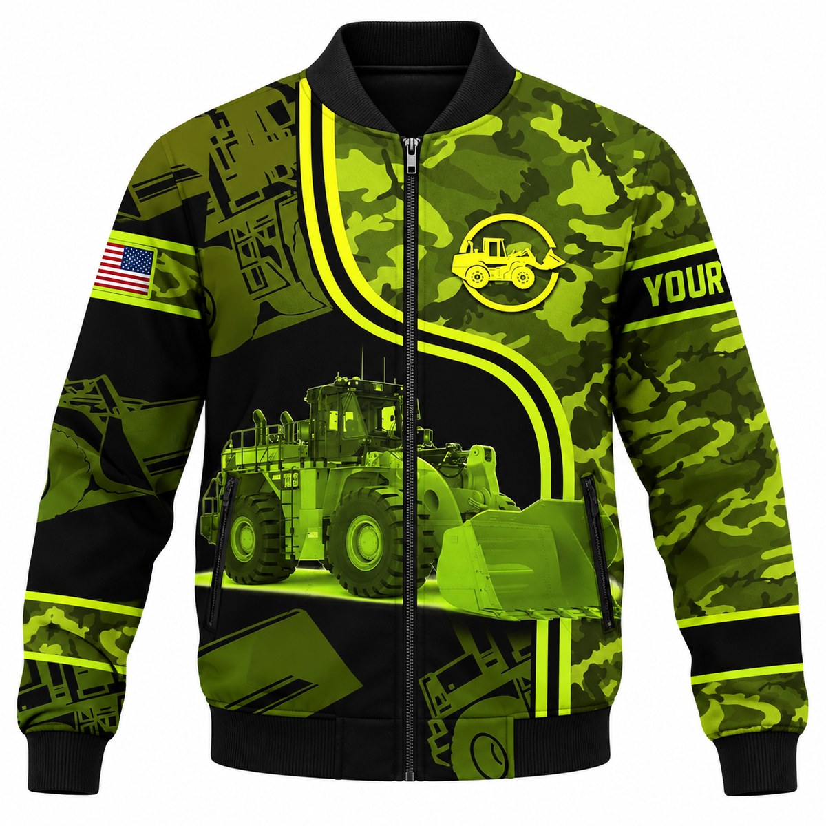 Personalized Wheel Loader Operator Hoodie & T-Shirt - Green Camo Wheel Loader – Bomber Jacket, front view