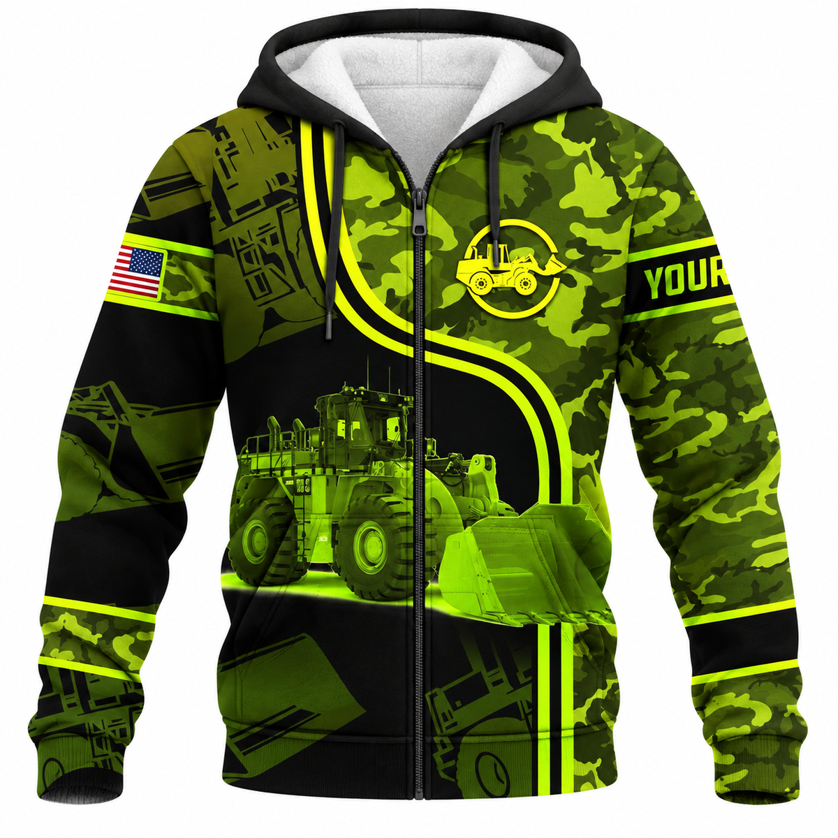 Personalized Wheel Loader Operator Hoodie & T-Shirt - Green Camo Wheel Loader – Fleece Zip Hoodie, front view