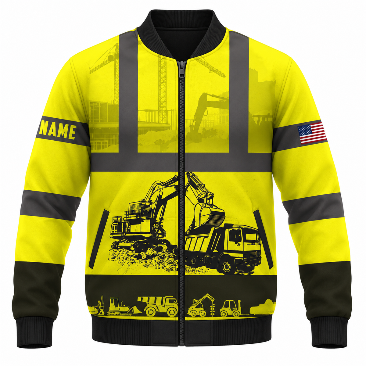 Personalized Excavator Operator Hoodie & T-Shirt - Yellow Construction Equipment Print – Bomber Jacket, front view