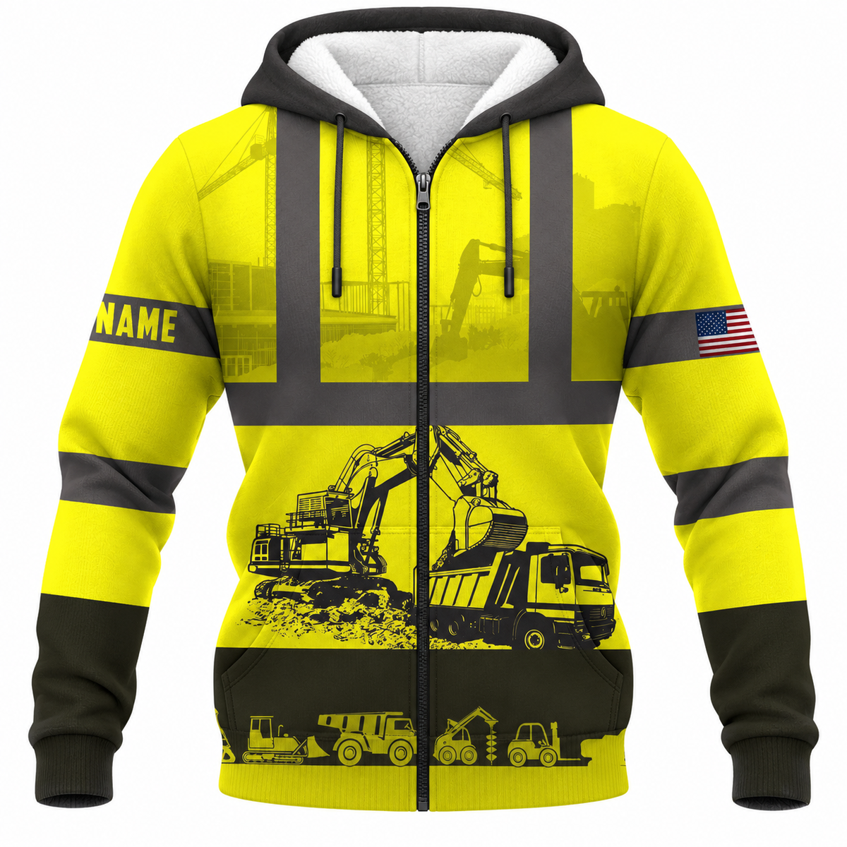 Personalized Excavator Operator Hoodie & T-Shirt - Yellow Construction Equipment Print – Fleece Zip Hoodie, front view