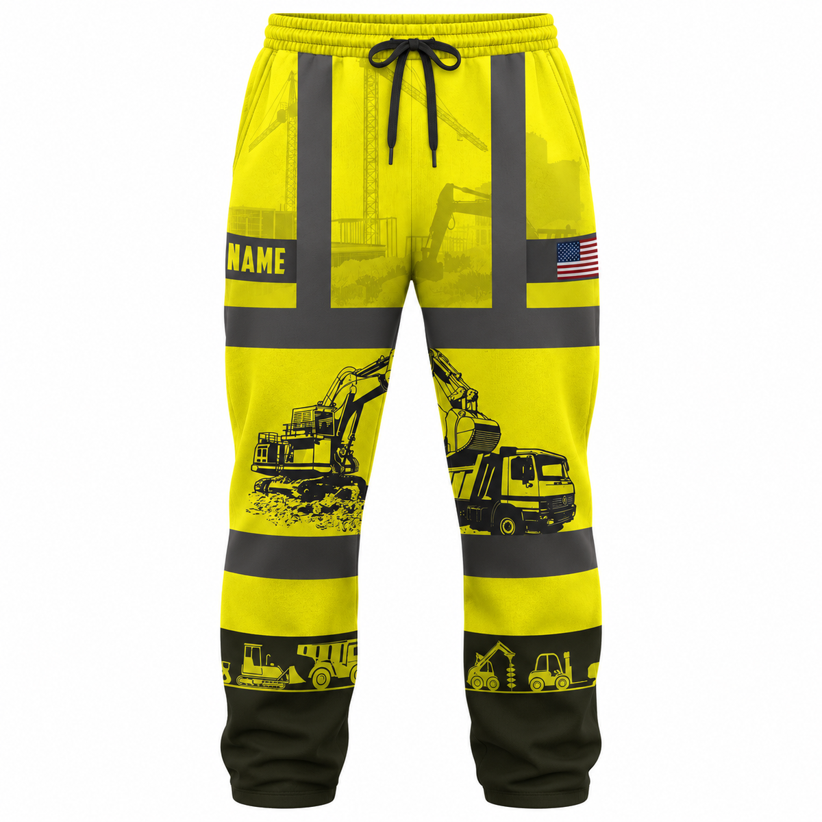 Personalized Excavator Operator Hoodie & T-Shirt - Yellow Construction Equipment Print – Long Pants, front view