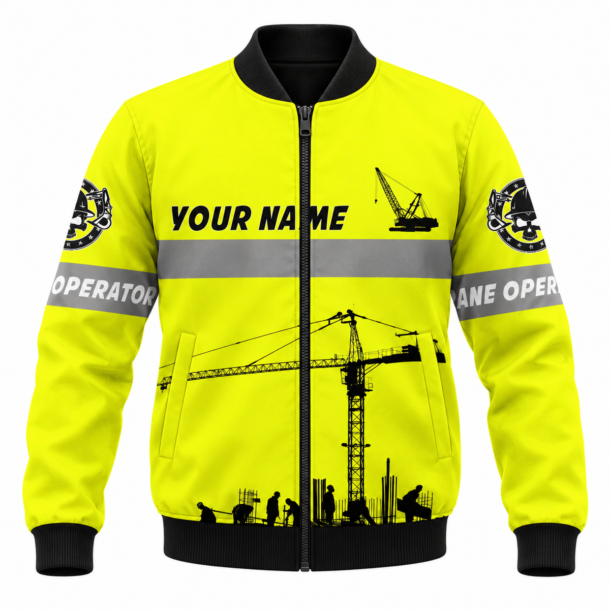 Personalized Crane Operator Hoodie & T-Shirt - Yellow Crane Print – Bomber Jacket, front view