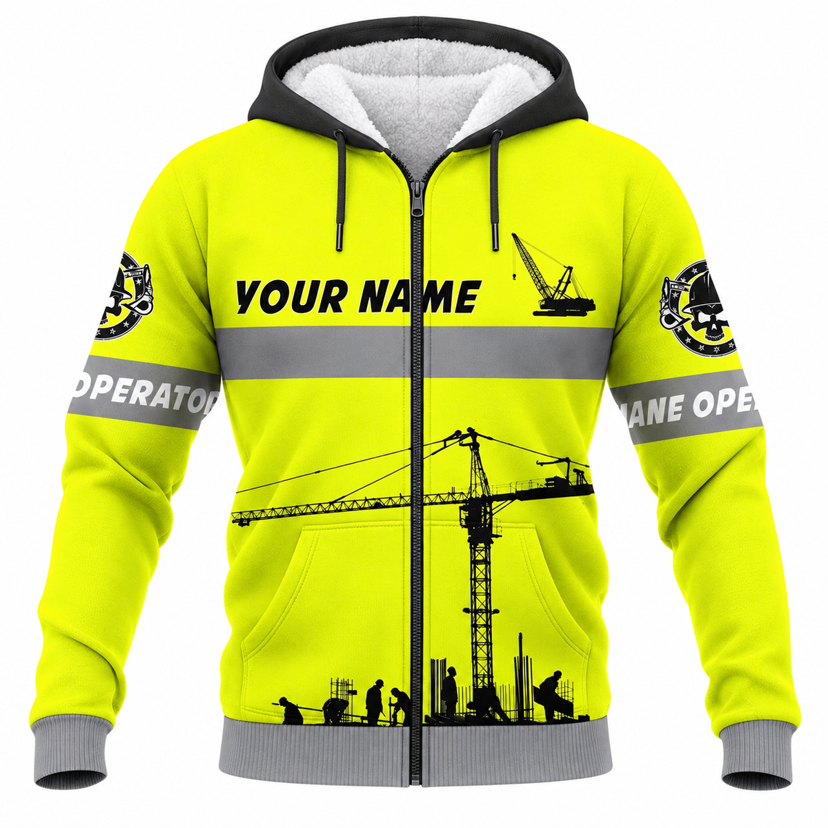 Personalized Crane Operator Hoodie & T-Shirt - Yellow Crane Print – Fleece Zip Hoodie, front view