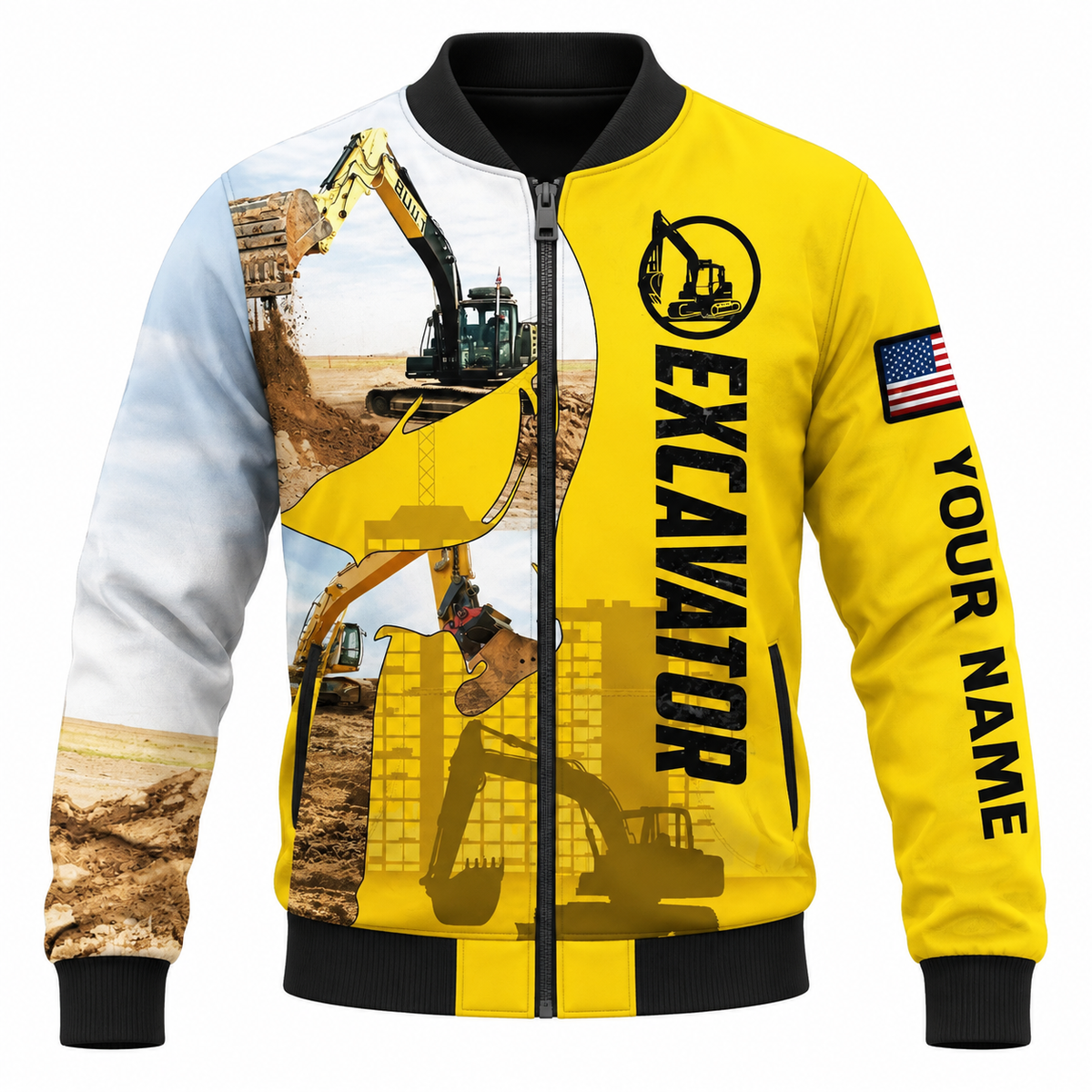 Personalized Excavator Operator Hoodie & T-Shirt - Yellow Excavator Collage – Bomber Jacket, front view