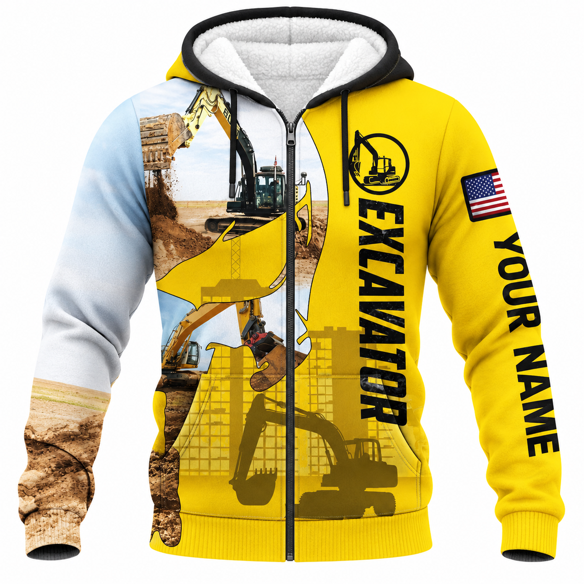 Personalized Excavator Operator Hoodie & T-Shirt - Yellow Excavator Collage – Fleece Zip Hoodie, front view