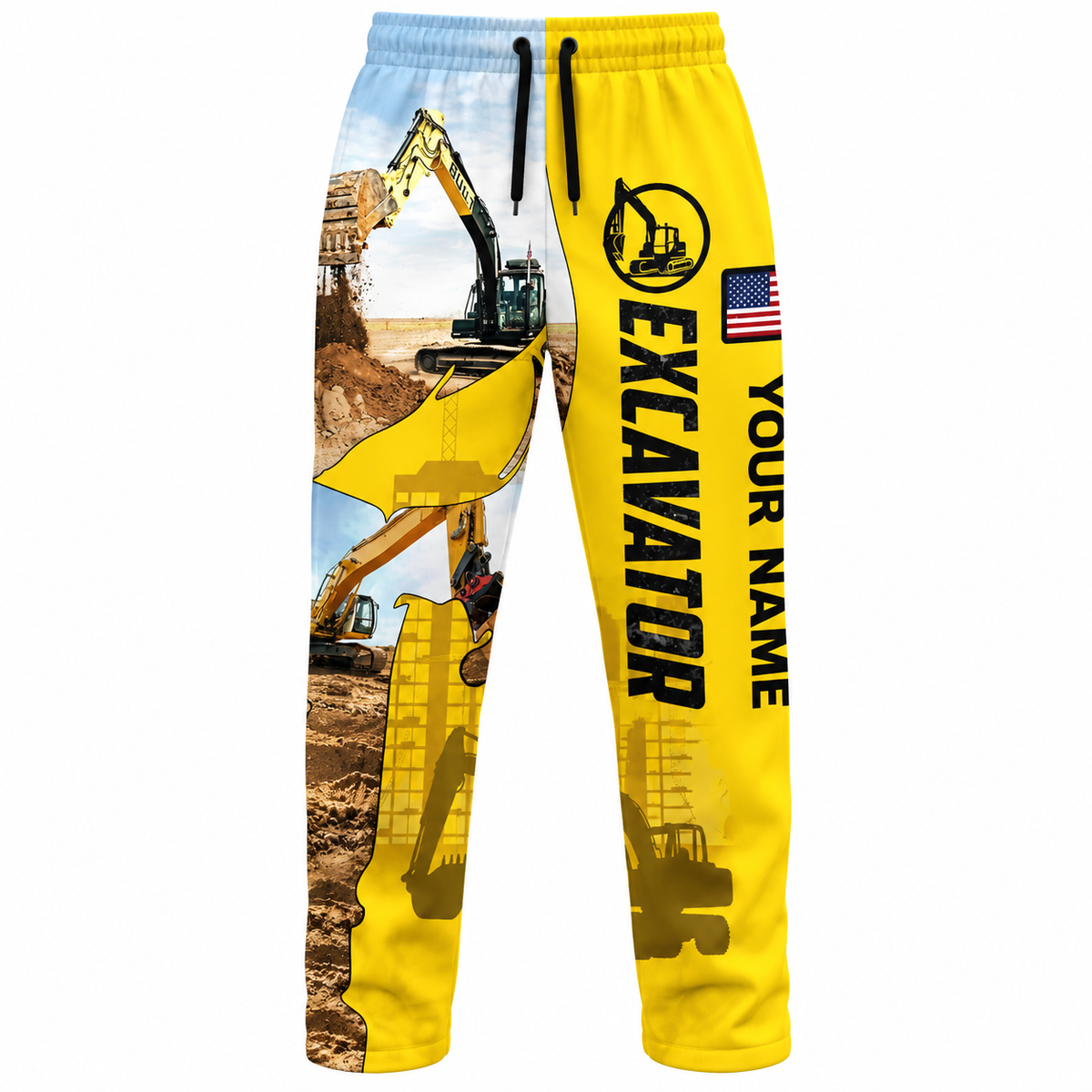 Personalized Excavator Operator Hoodie & T-Shirt - Yellow Excavator Collage – Long Pants, front view