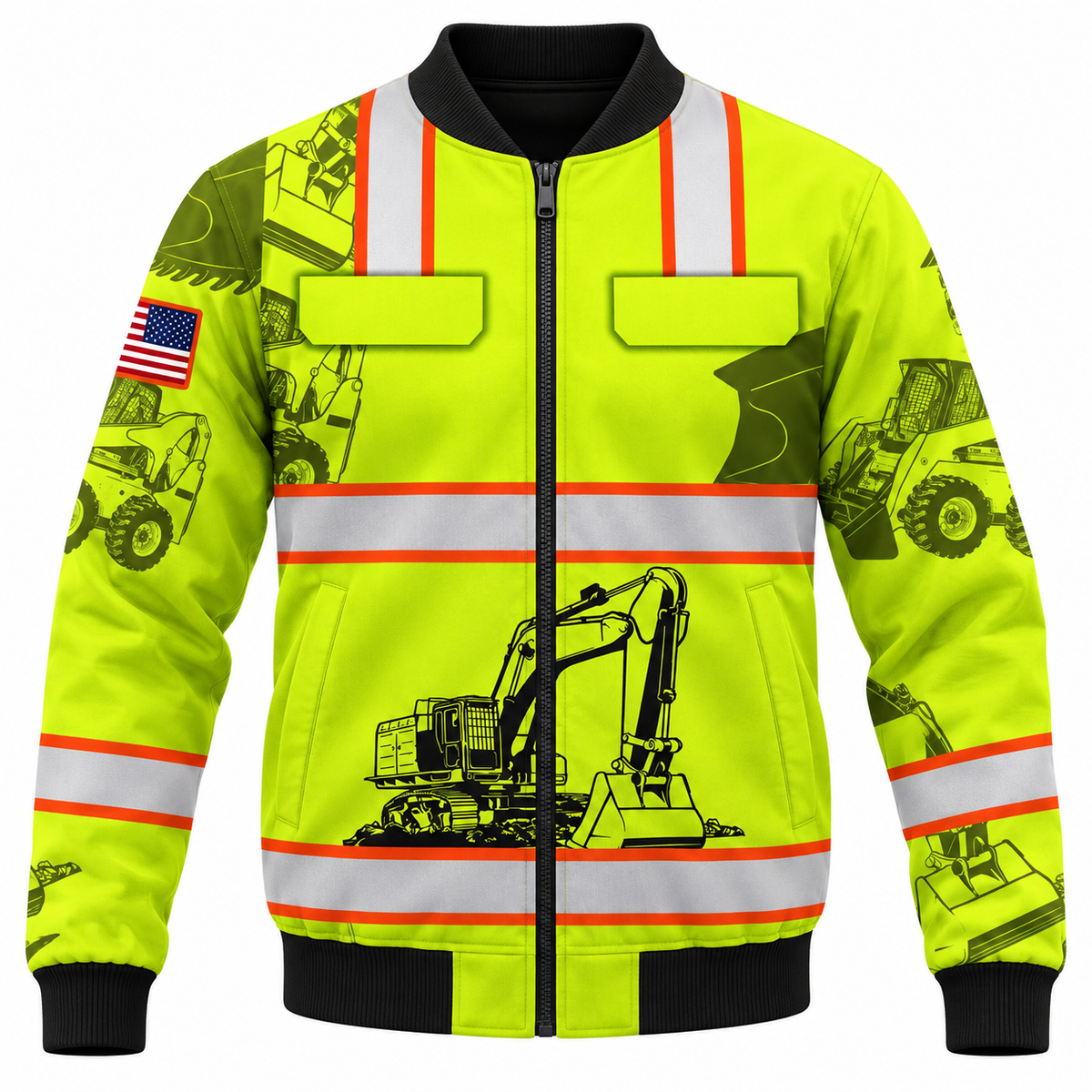 Personalized Excavator Operator Hoodie & T-Shirt - Yellow Excavator Vest Print – Bomber Jacket, front view