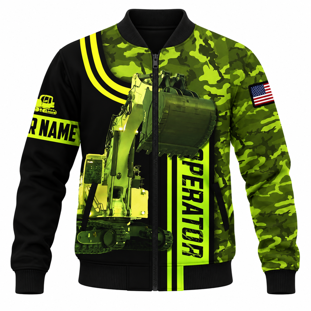 Personalized Excavator Operator Hoodie & T-Shirt - Green Camo Excavator Bucket – Bomber Jacket, front view