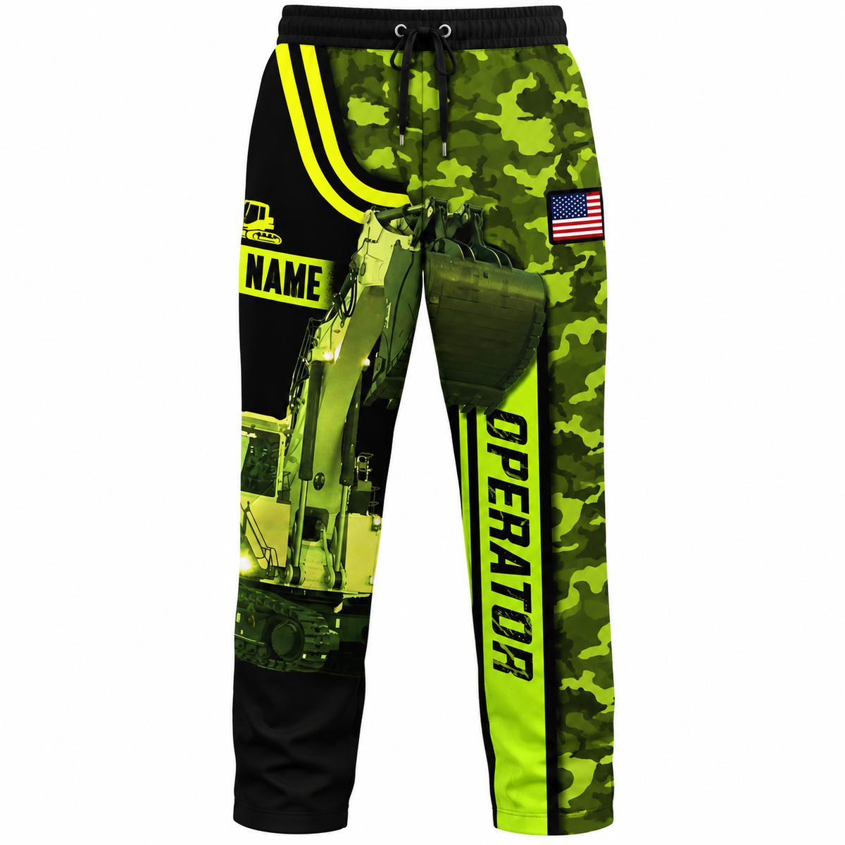 Personalized Excavator Operator Hoodie & T-Shirt - Green Camo Excavator Bucket – Long Pants, front view