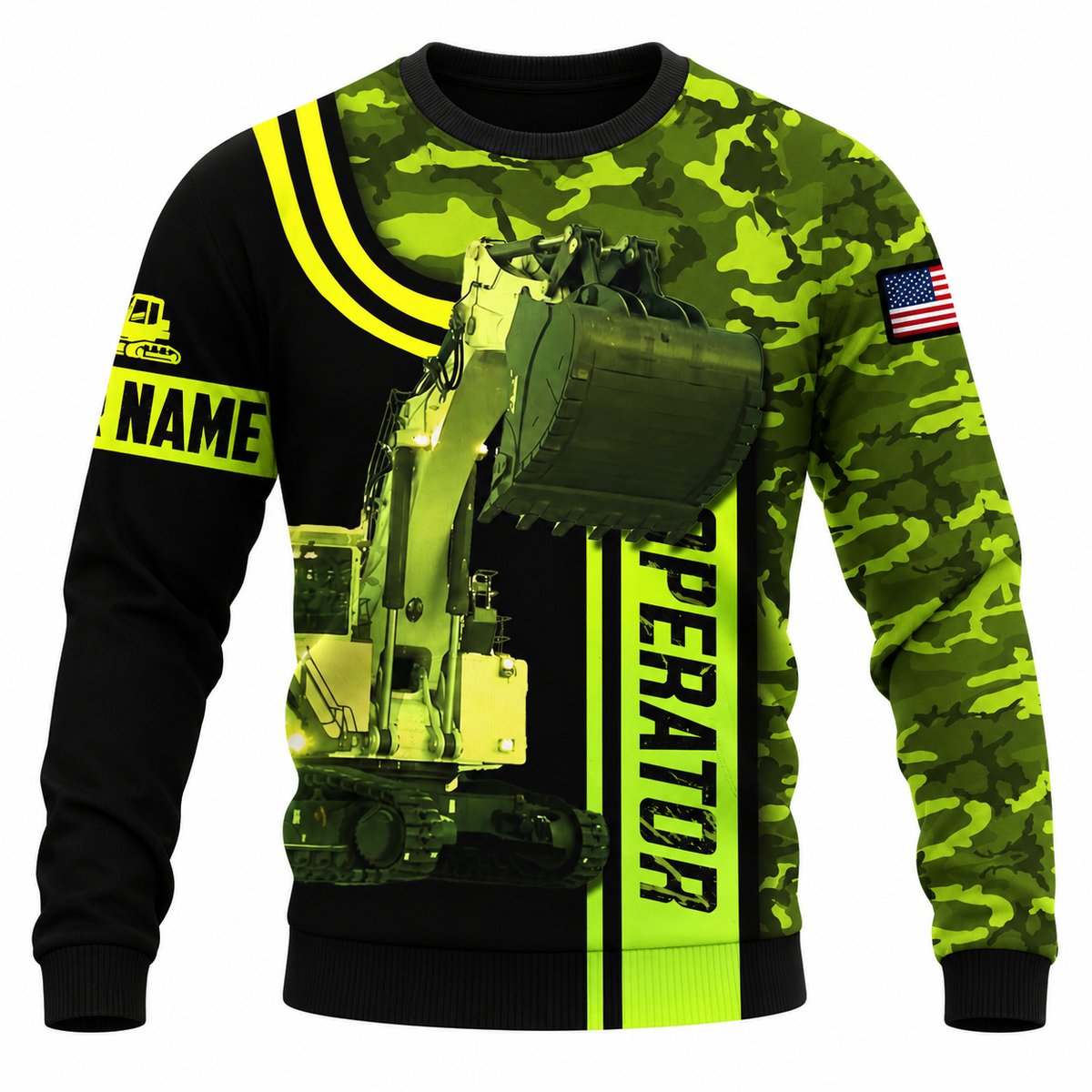 Personalized Excavator Operator Hoodie & T-Shirt - Green Camo Excavator Bucket – Sweatshirt, front view
