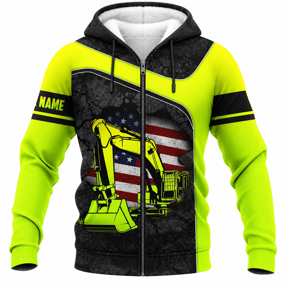 Personalized Excavator Operator Hoodie & T-Shirt - Neon Yellow American Flag Excavator – Fleece Zip Hoodie, front view