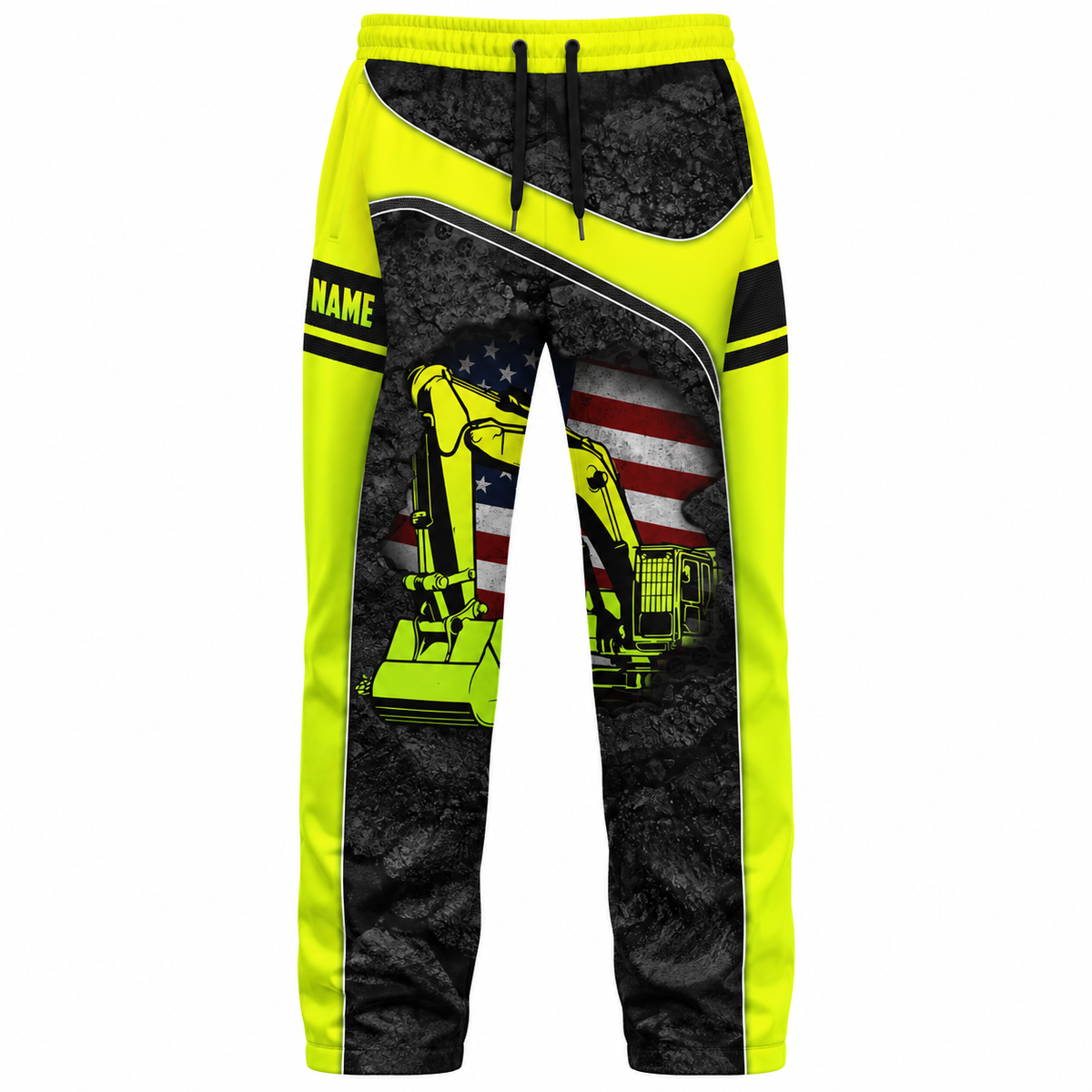 Personalized Excavator Operator Hoodie & T-Shirt - Neon Yellow American Flag Excavator – Long Pants, front view