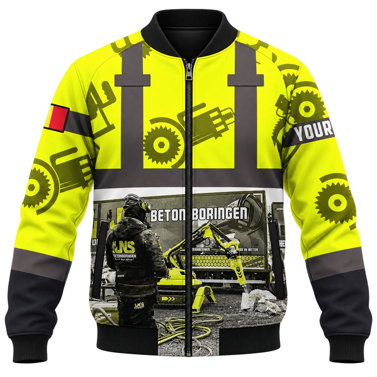 Personalized Concrete Cutter Hoodie & T-Shirt - Yellow Gear Print Heavy Equipment – Bomber Jacket, front view