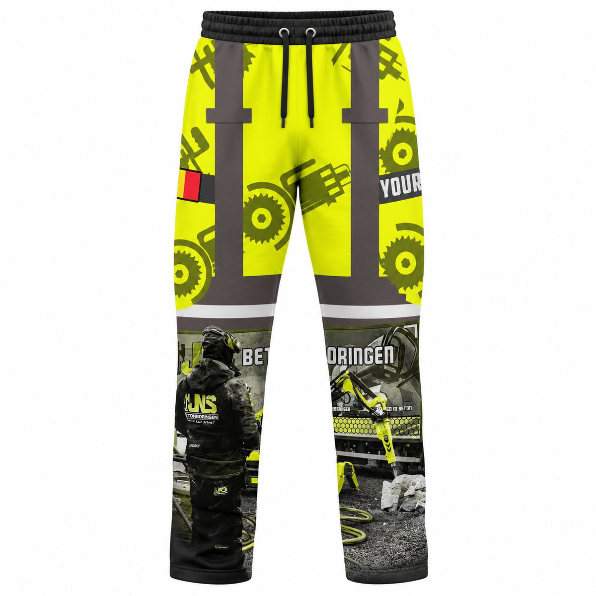 Personalized Concrete Cutter Hoodie & T-Shirt - Yellow Gear Print Heavy Equipment – Long Pants, front view