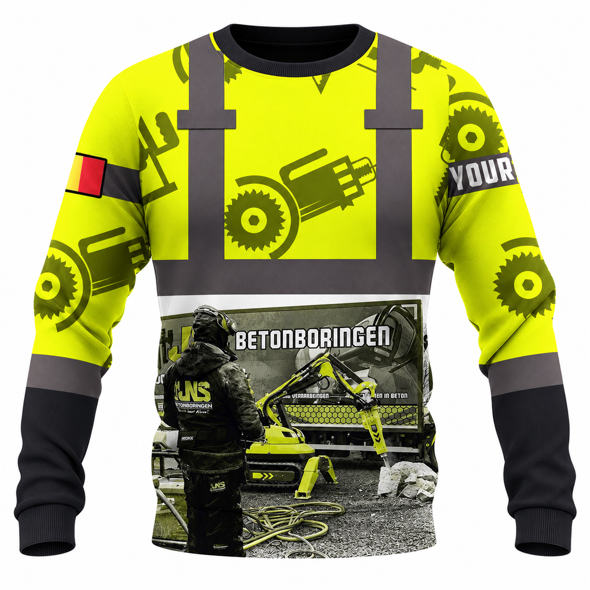 Personalized Concrete Cutter Hoodie & T-Shirt - Yellow Gear Print Heavy Equipment – Sweatshirt, front view