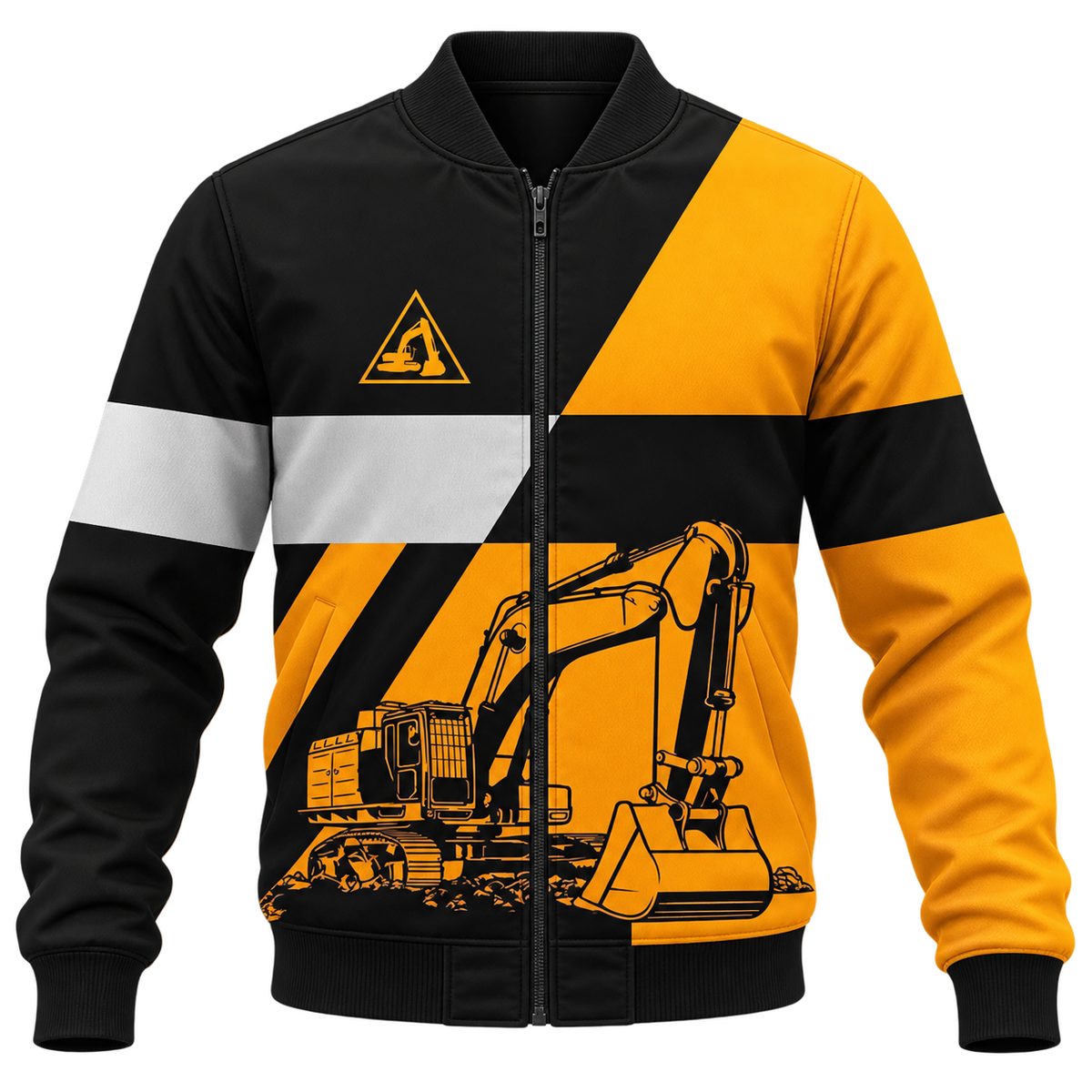 Personalized Excavator Operator Hoodie & T-Shirt - Orange Black White Excavator Stripes – Bomber Jacket, front view