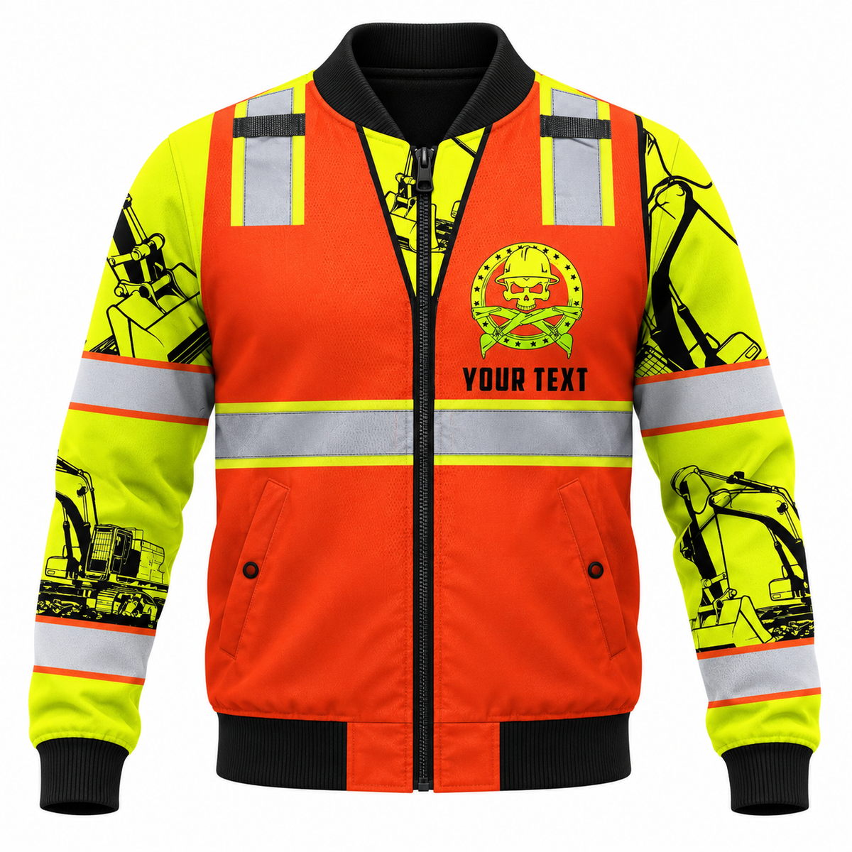 Personalized Excavator Operator Hoodie & T-Shirt - Orange Vest Print Excavator Sleeves – Bomber Jacket, front view