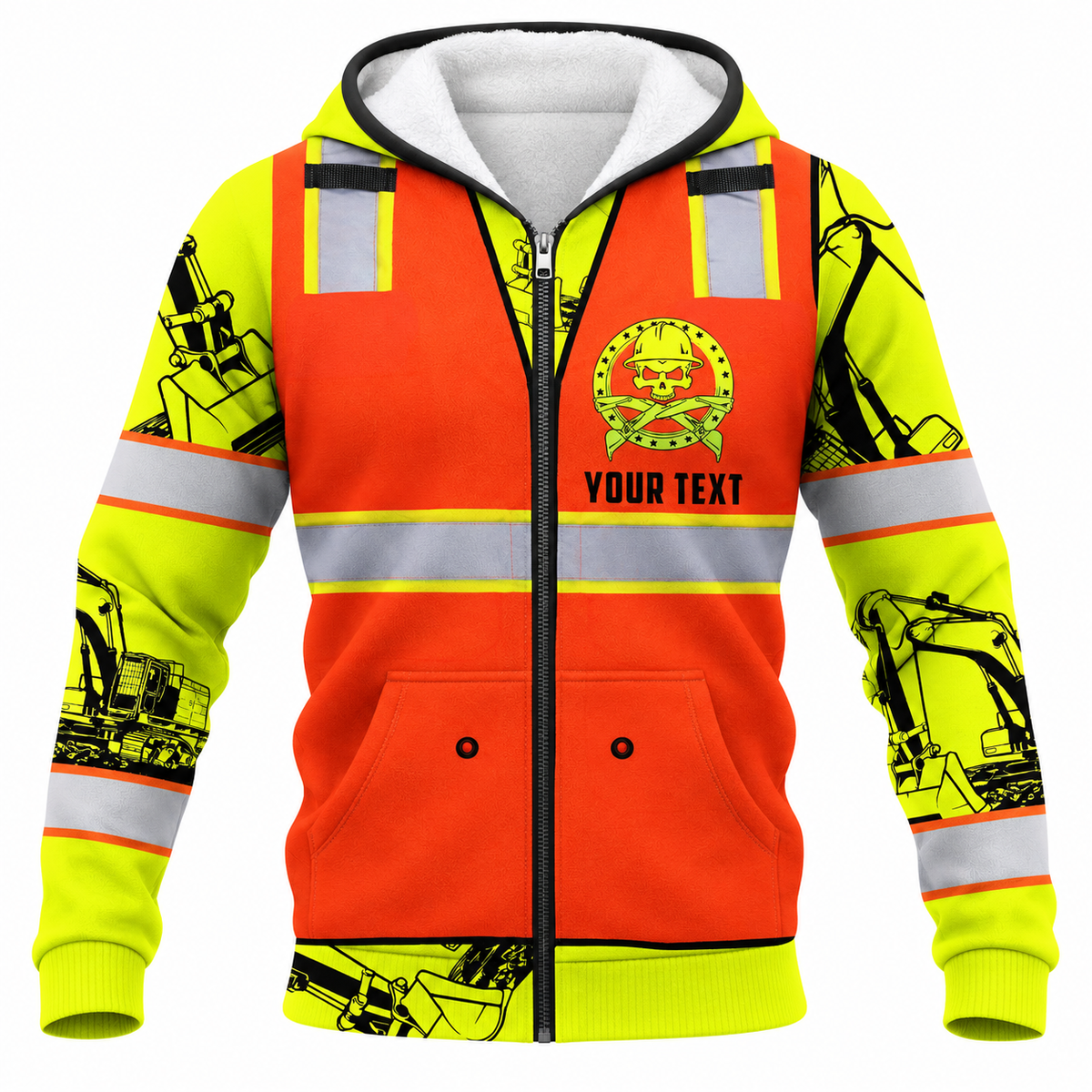 Personalized Excavator Operator Hoodie & T-Shirt - Orange Vest Print Excavator Sleeves – Fleece Zip Hoodie, front view