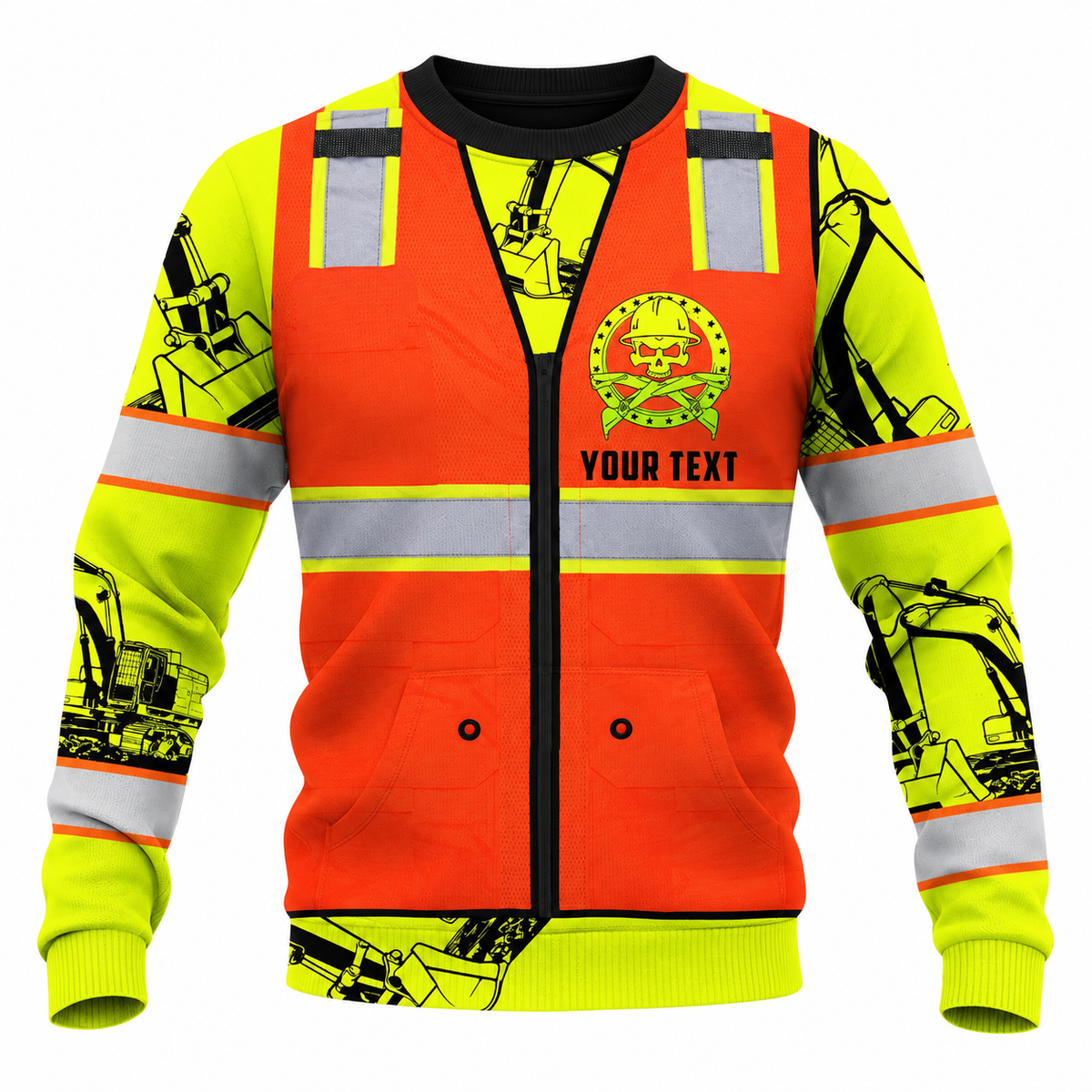 Personalized Excavator Operator Hoodie & T-Shirt - Orange Vest Print Excavator Sleeves – Sweatshirt, front view