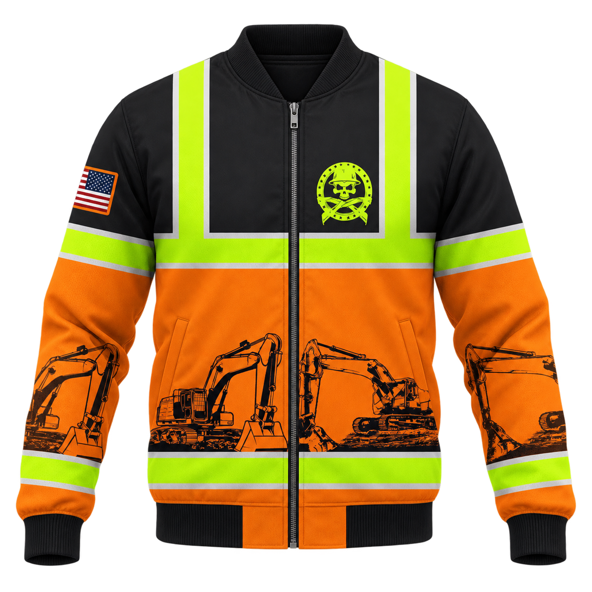 Personalized Excavator Operator Hoodie & T-Shirt - Black Orange Excavator Stripe Print – Bomber Jacket, front view
